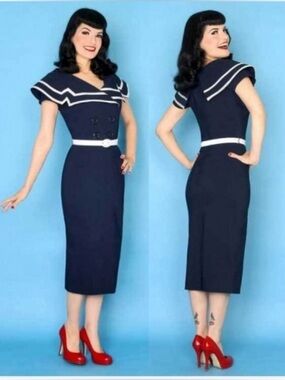 Bettie Page Navy Sailor-Style Midi Dress with White Trim